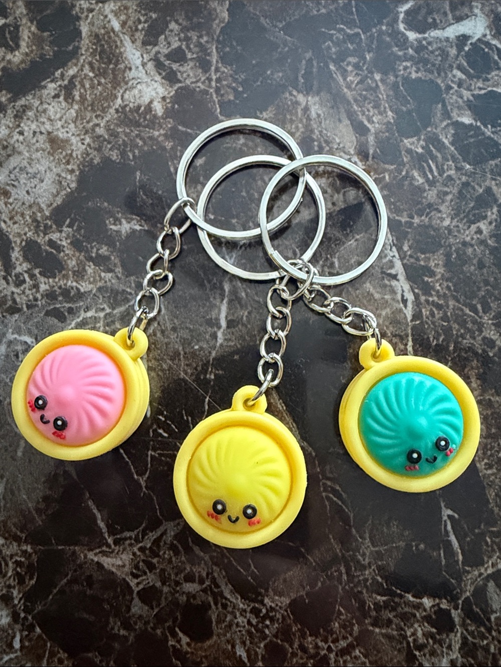 Squishy Face Keychain Set with Yellow Frame and Colorful Faces (3) - Picture 2 of 3